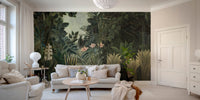 Dark green forest wall mural behind a cream sofa in a lit living area.