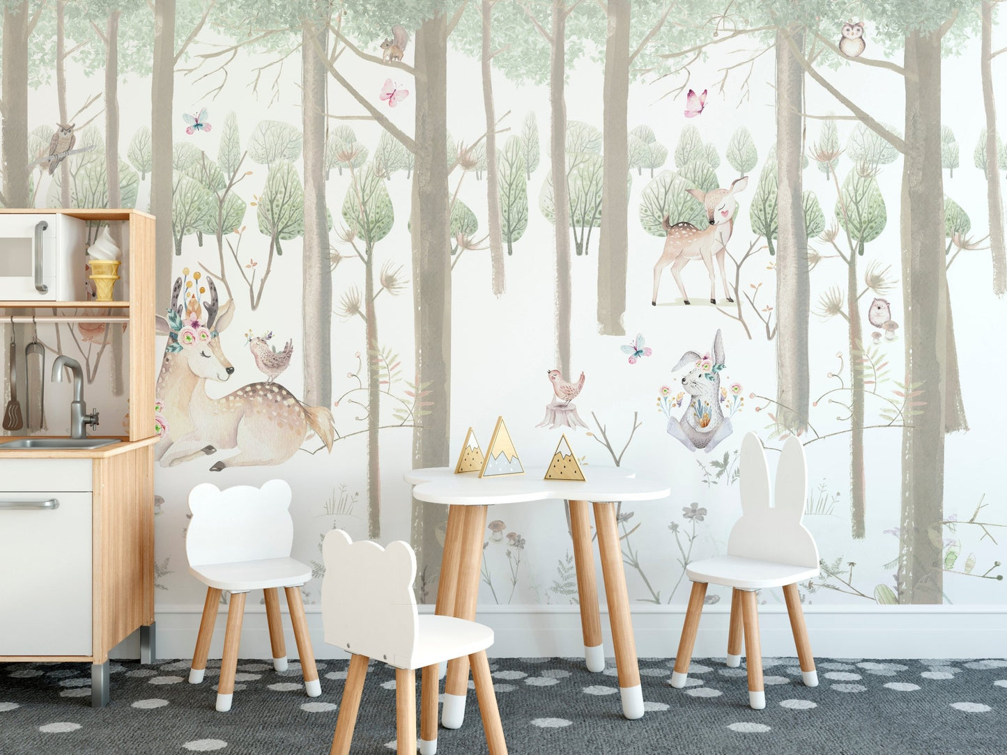Kids dining room wall mural with gentle animal illustrations.