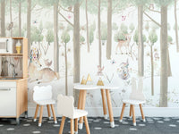 Kids dining room wall mural with gentle animal illustrations.