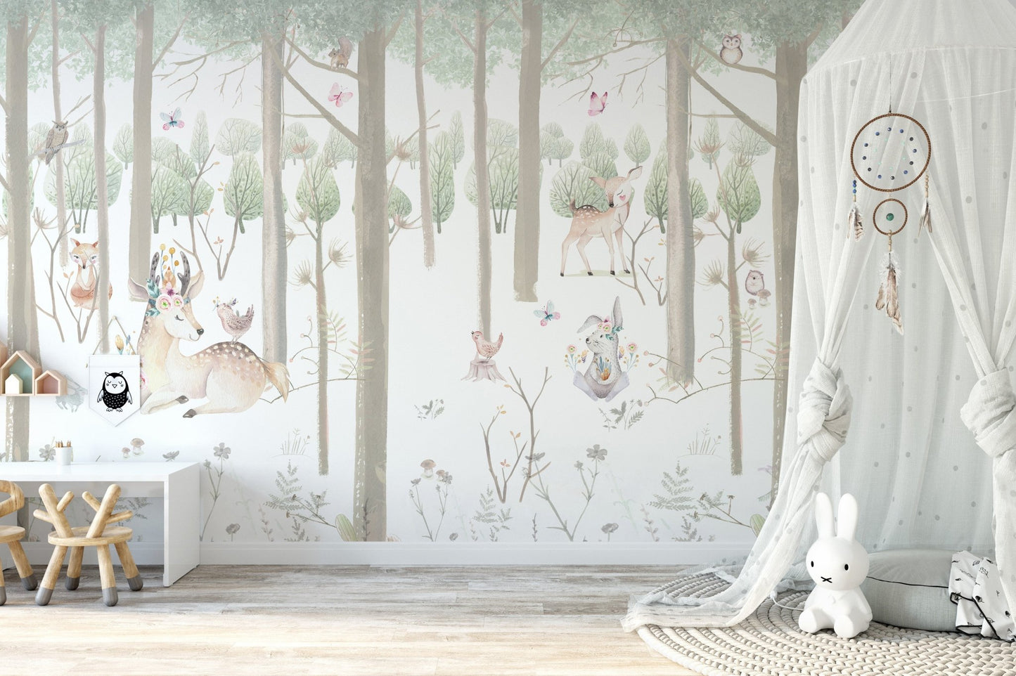 Woodland themed wallpaper for a charming playroom.