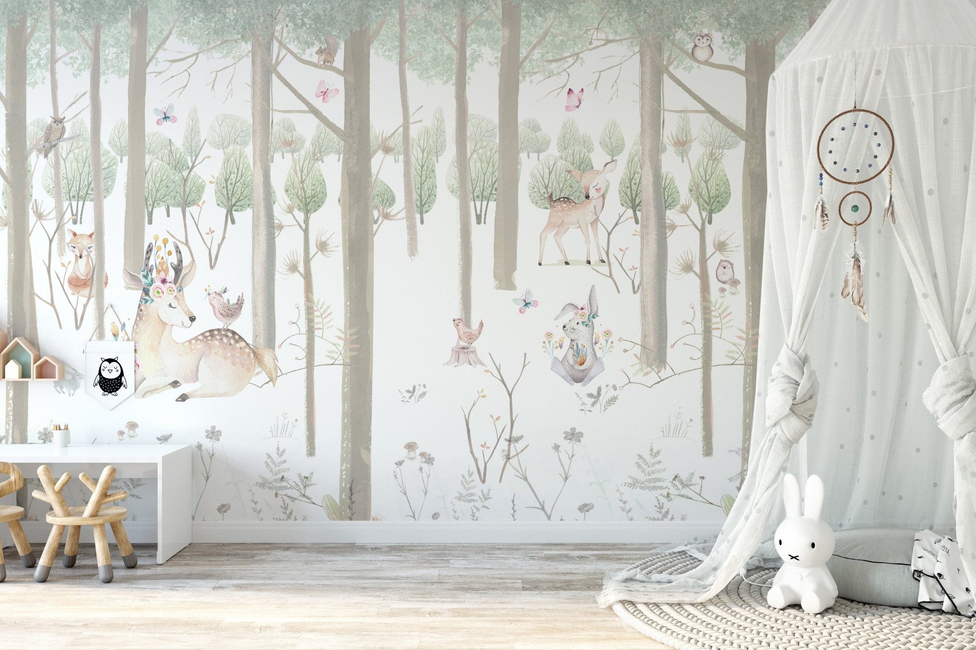 Woodland themed wallpaper for a charming playroom.