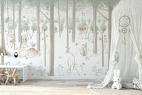 Woodland themed wallpaper for a charming playroom.