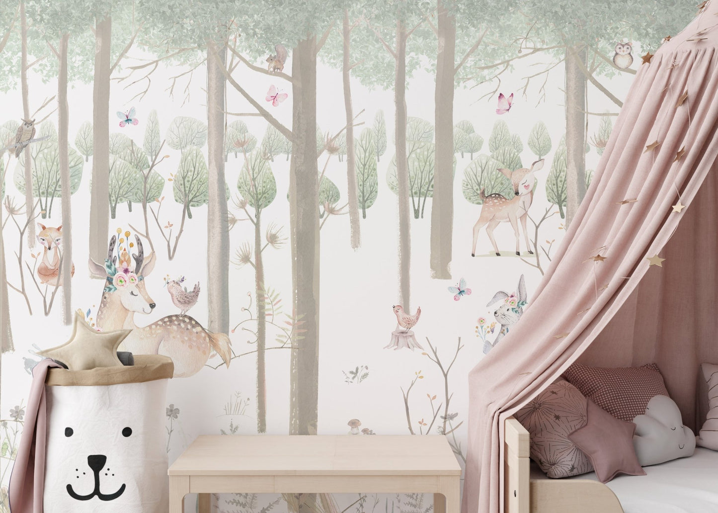 Serene Wilderness Watercolor Wallpaper Mural behind a play tent.