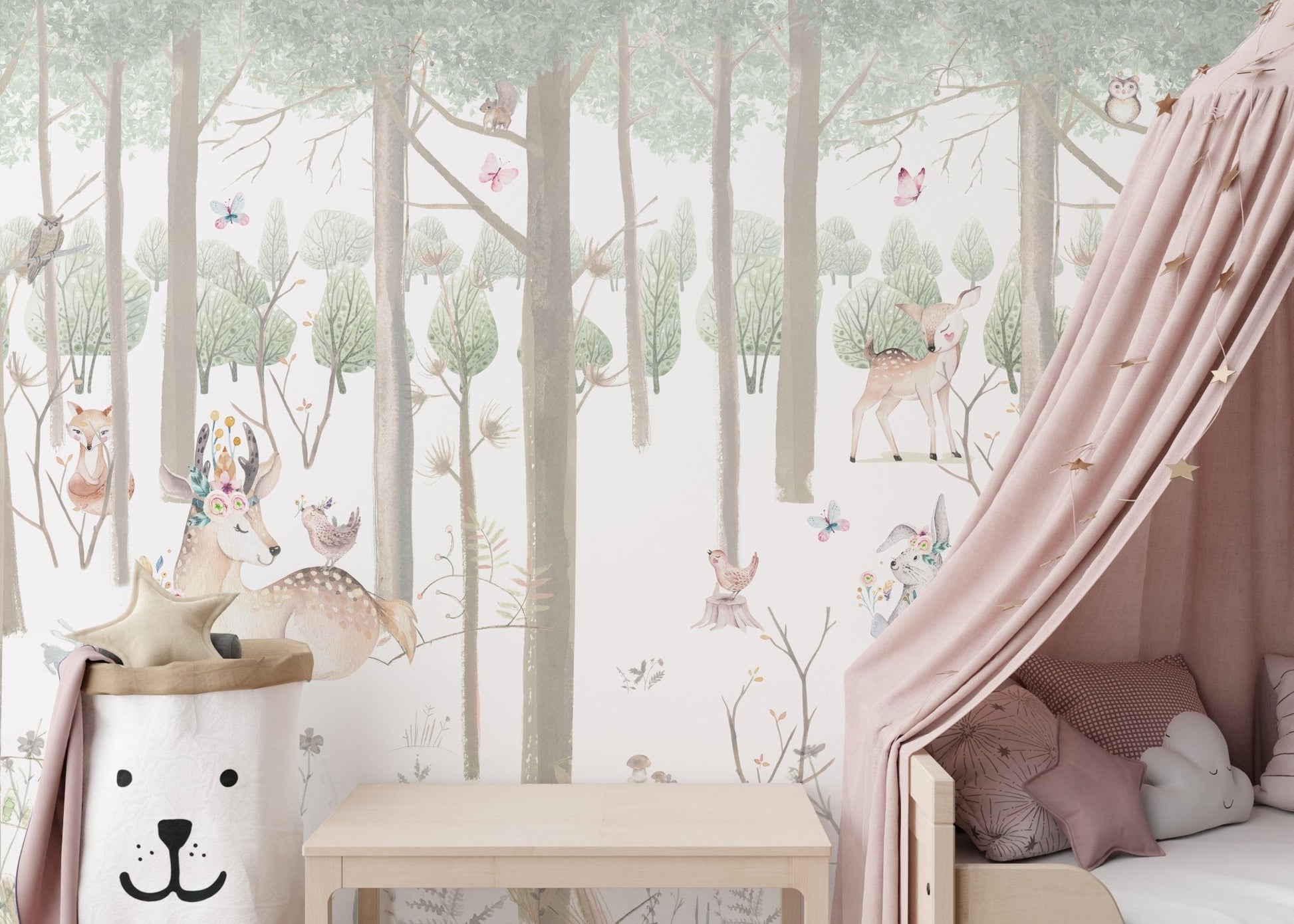 Serene Wilderness Watercolor Wallpaper Mural behind a play tent.