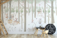 Soft watercolor forest pattern wall mural for a playful nursery.