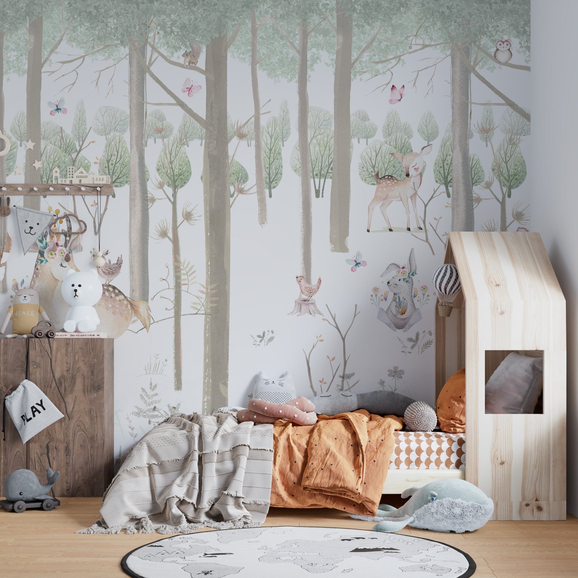 Gentle watercolor forest wall mural for a modern bedroom.