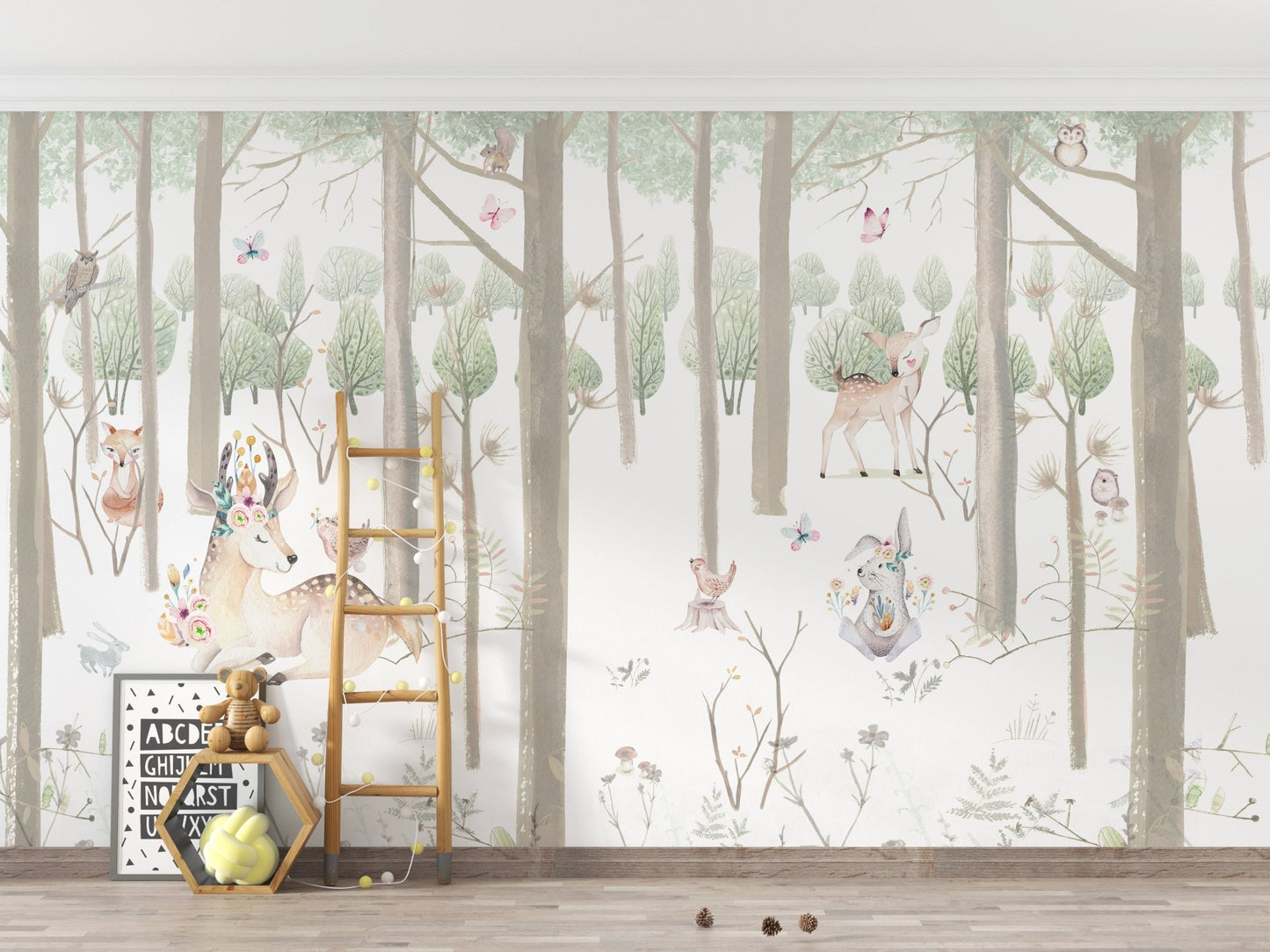 Cute watercolor animal wall mural design for a child's area.