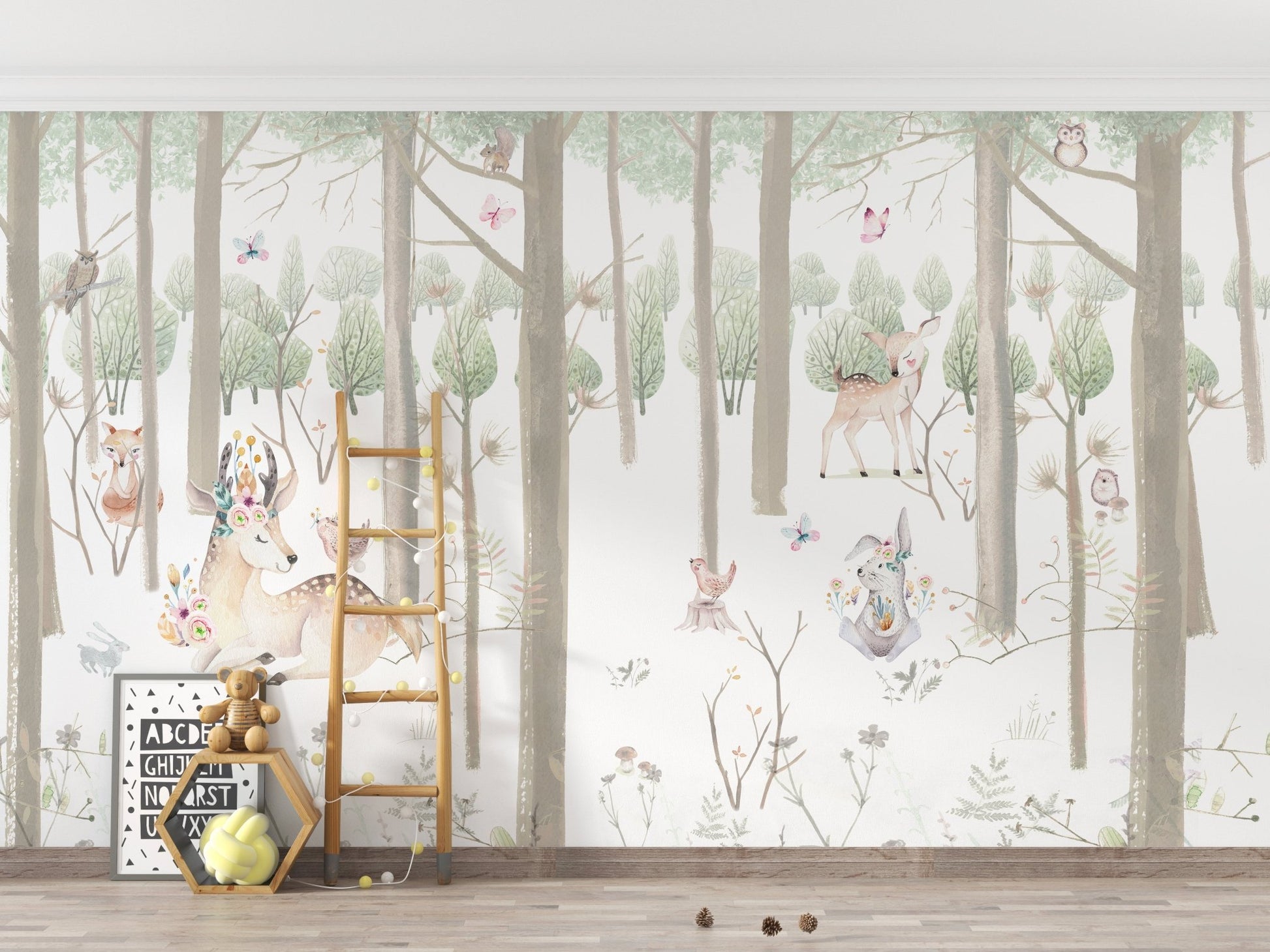 Cute watercolor animal wall mural design for a child's area.