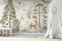 Serene Wildlife Harmony Mural with mountains and trees in a nursery.
