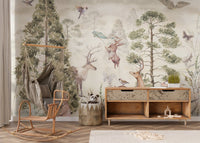 Serene Wildlife Harmony Mural with rabbit and deer patterns in a play area.