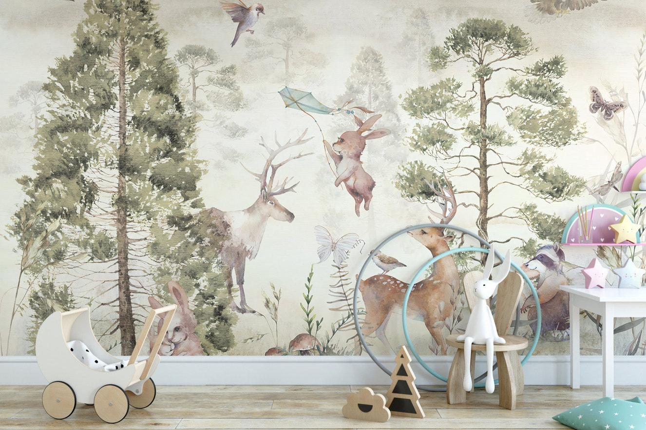 Serene Wildlife Harmony Mural featuring deer and rabbits in a playroom.