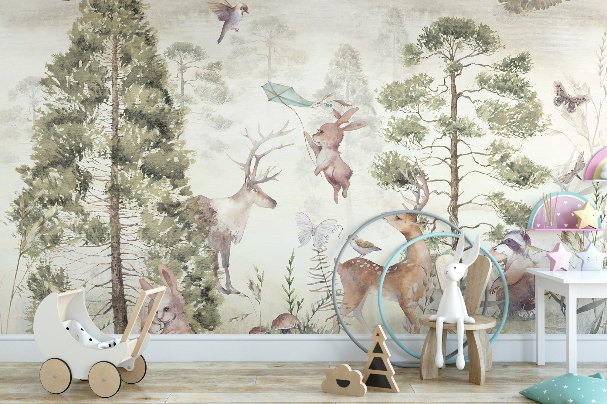 Serene Wildlife Harmony Mural featuring deer and rabbits in a playroom.
