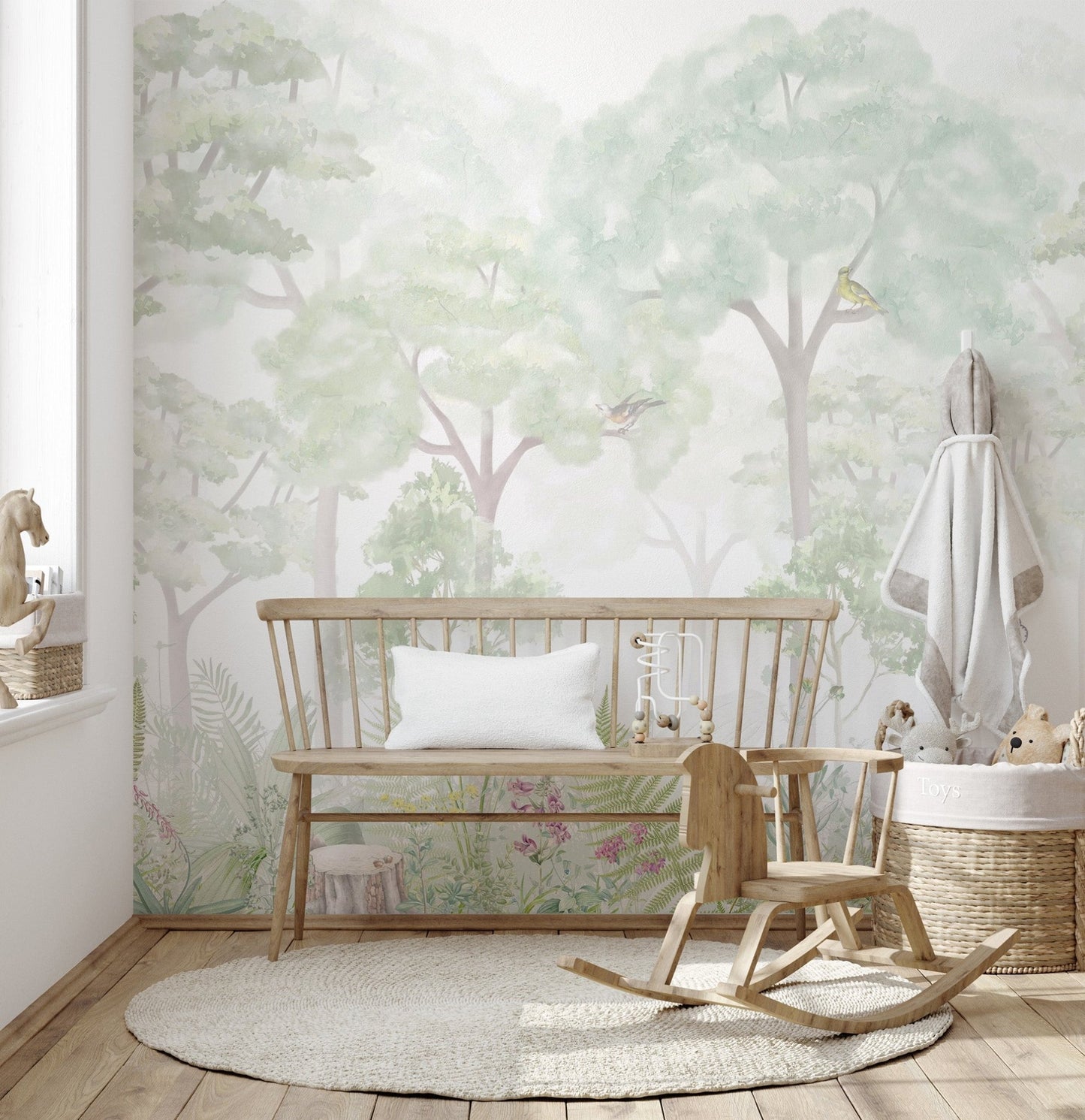 Elegant serene woodland wall mural featuring a hand painted artistic style.
