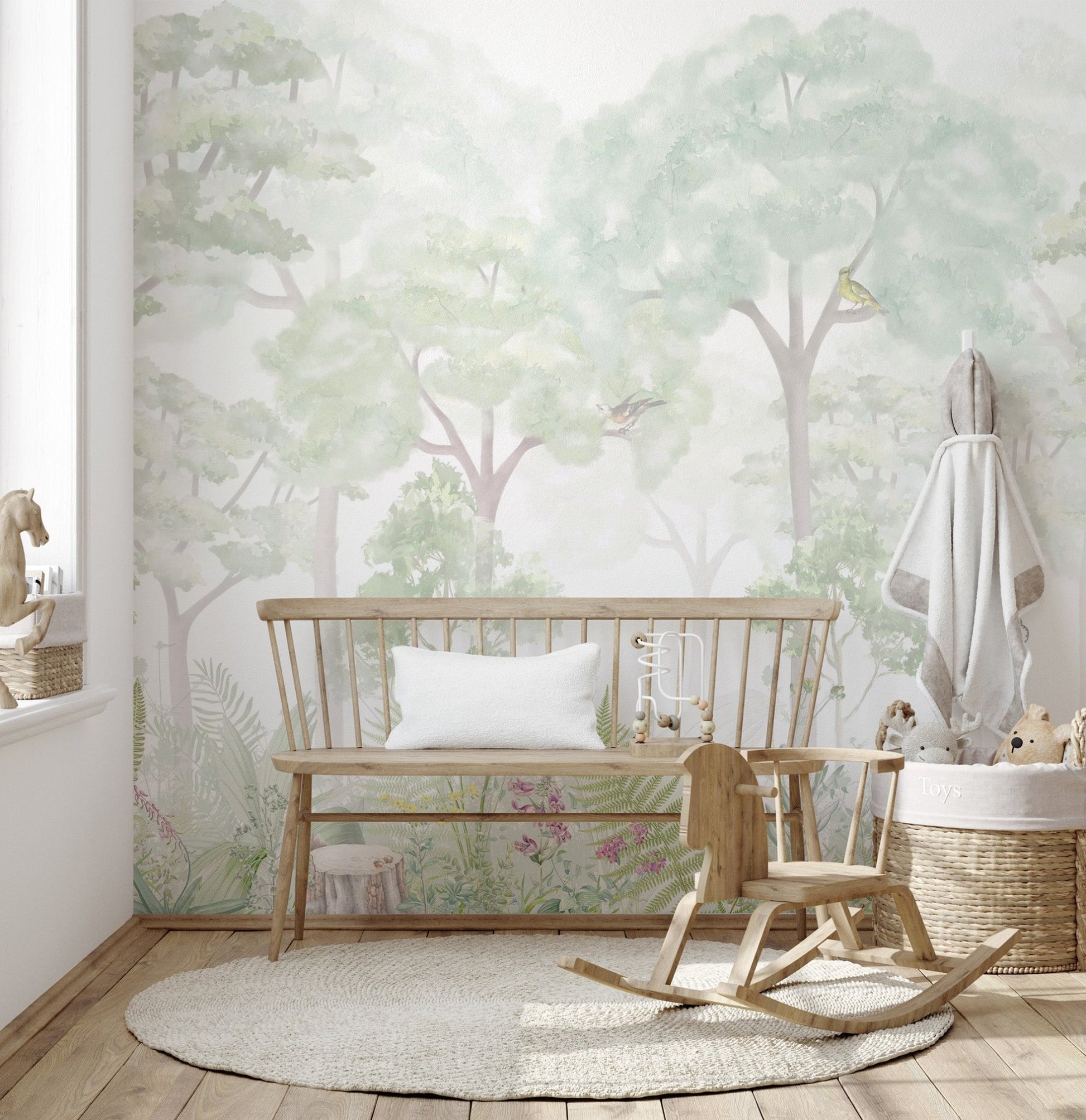 Elegant serene woodland wall mural featuring a hand painted artistic style.