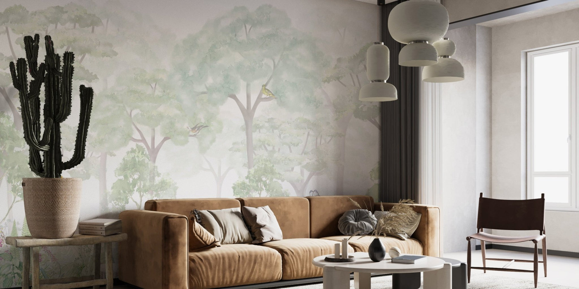 Light green woodland wallpaper for a modern and natural aesthetic.