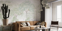 Light green woodland wallpaper for a modern and natural aesthetic.