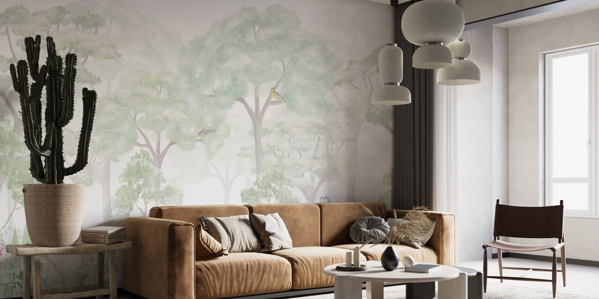 Light green woodland wallpaper for a modern and natural aesthetic.