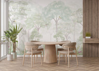 Whimsical forest wallpaper with soft pastel colors and woodland creatures.