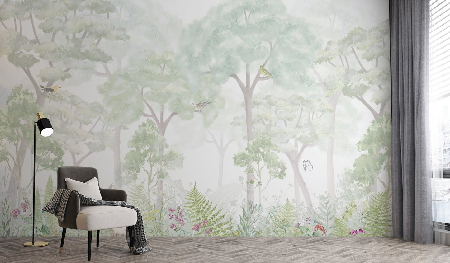Serene woodland wallpaper mural with a misty atmosphere and delicate bird details.
