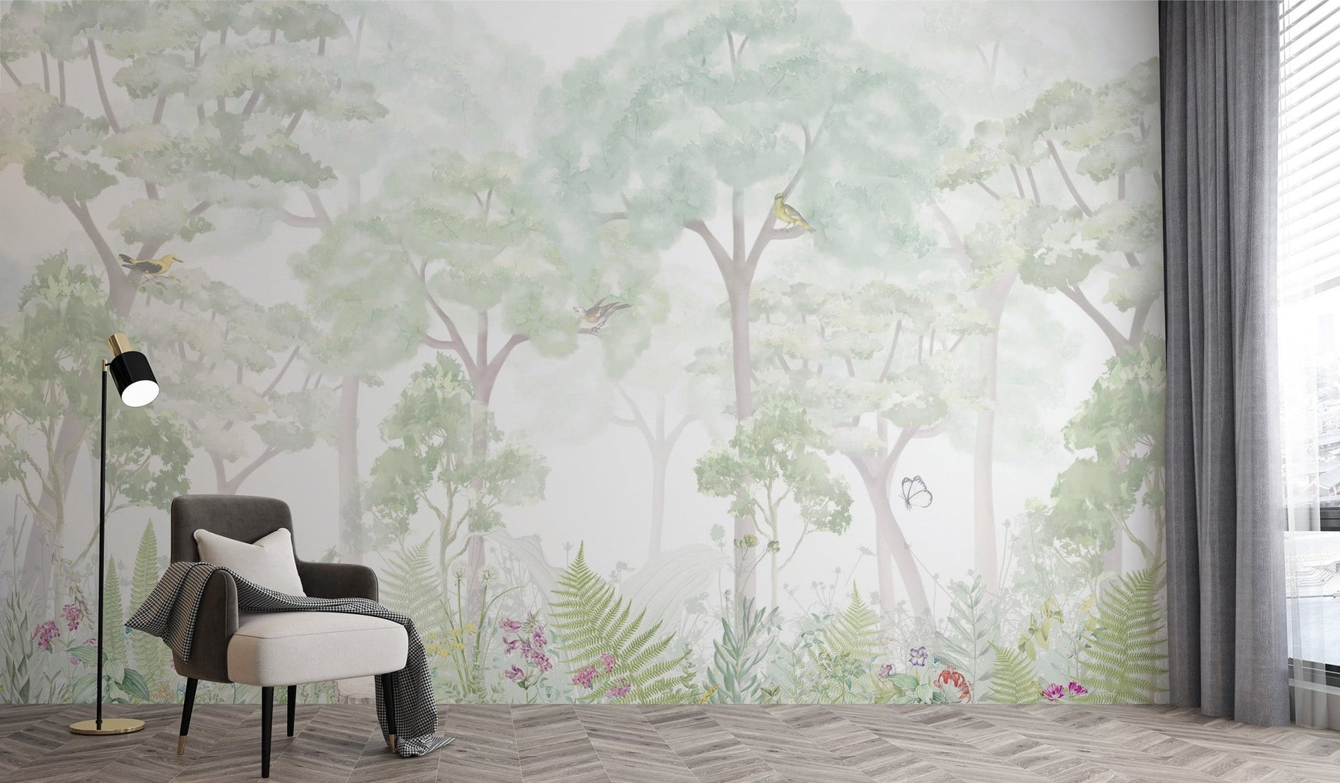 Serene woodland wallpaper mural with a misty atmosphere and delicate bird details.