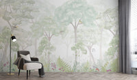 Serene woodland wallpaper mural with a misty atmosphere and delicate bird details.