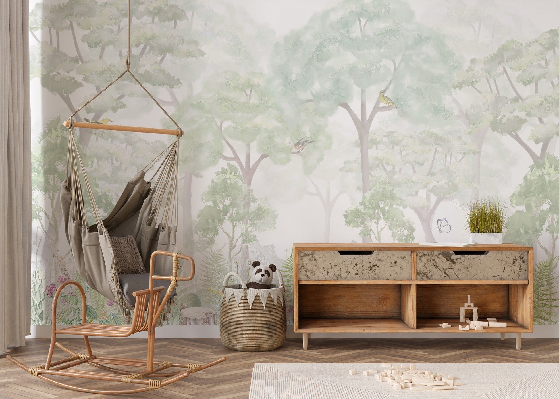 Serene woodland wallpaper mural with misty green trees and soft watercolor ferns.