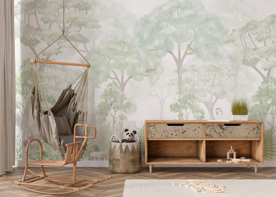 Serene woodland wallpaper mural with misty green trees and soft watercolor ferns.