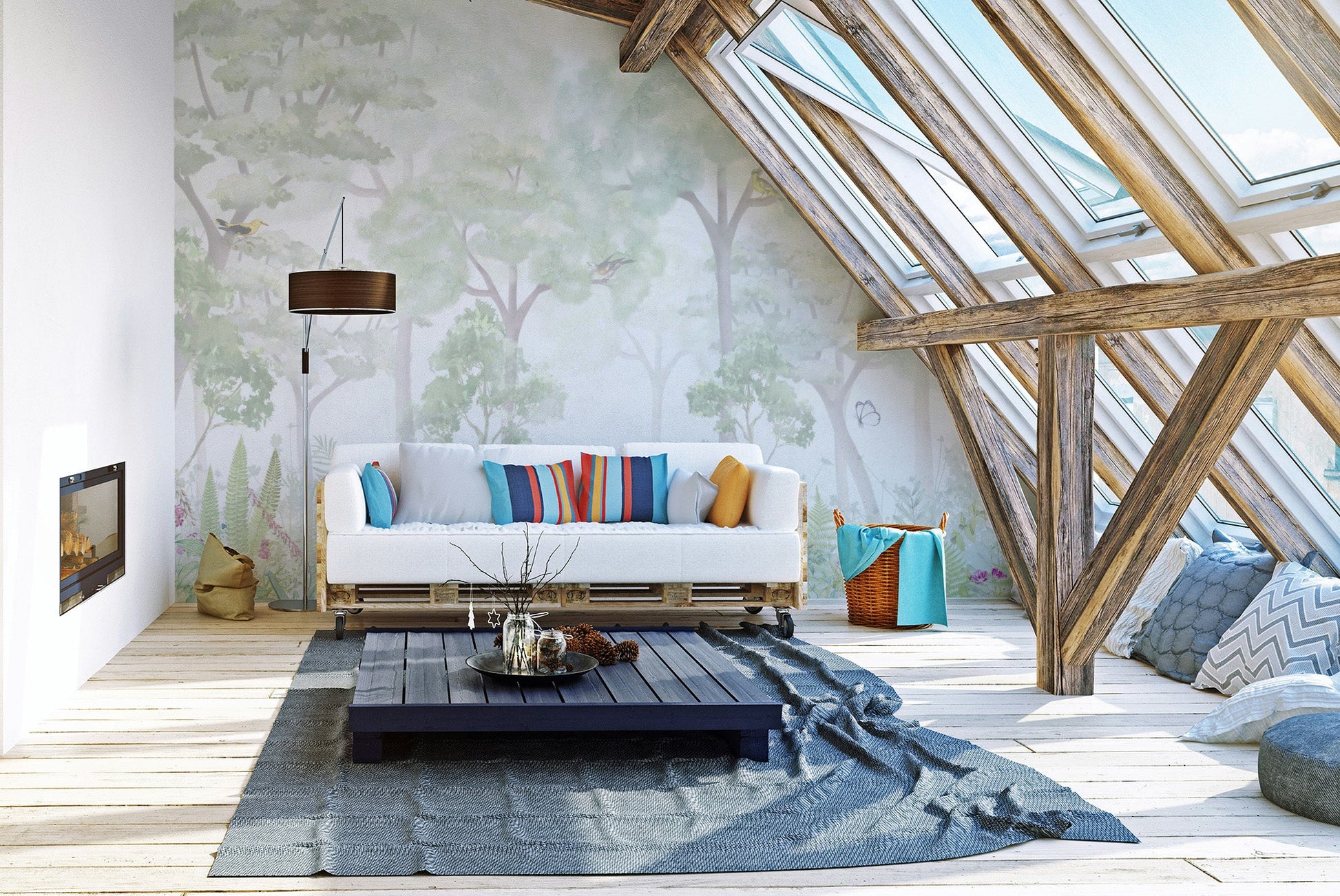 Soft green woodland wallpaper depicting a quiet forest scene with butterflies.