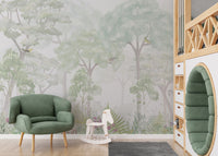 Pastel woodland wallpaper featuring light green foliage and small birds.