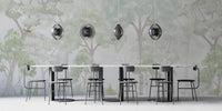 Serene woodland wallpaper mural with botanical details and muted earthy tones.