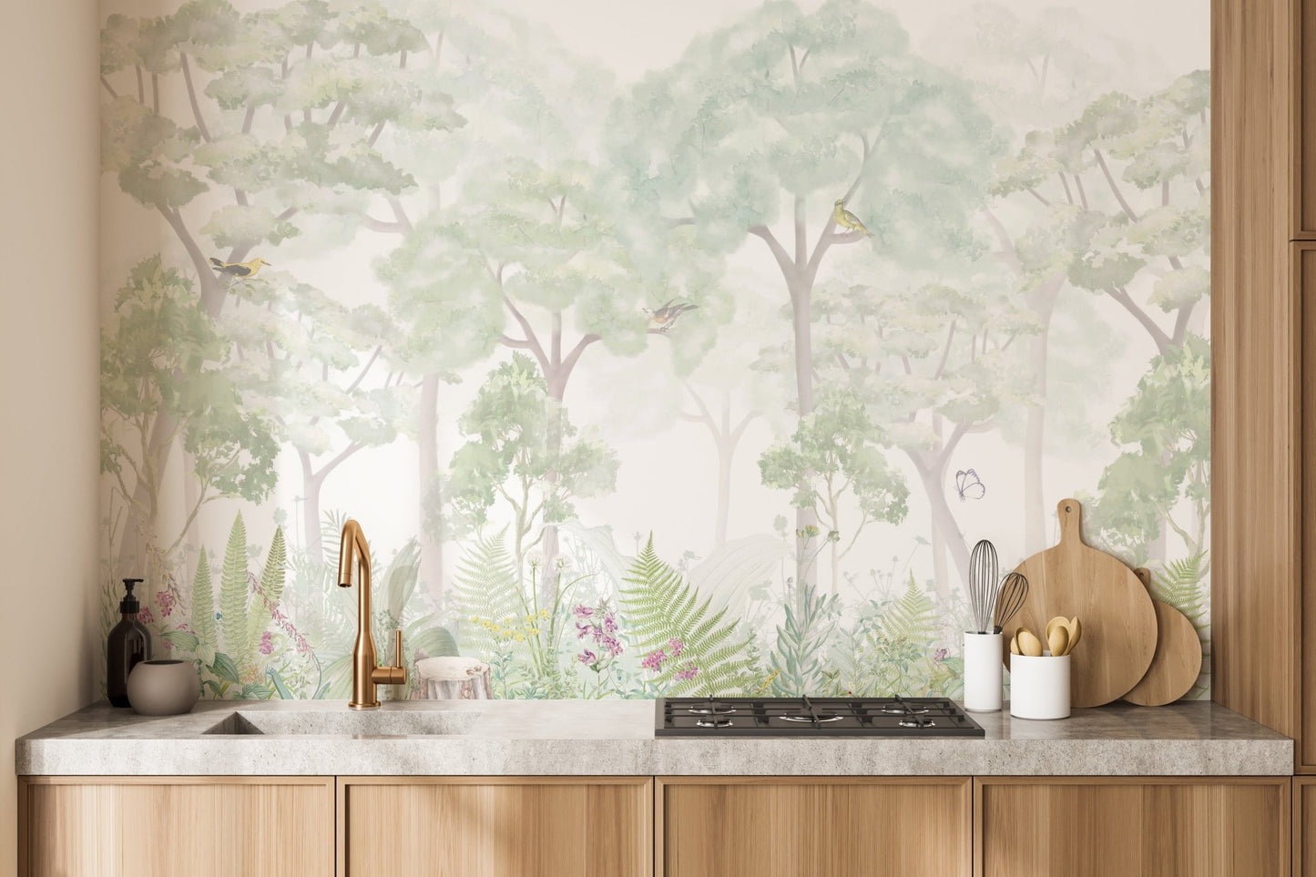 Serene woodland wallpaper mural with a bright and airy outdoor theme.