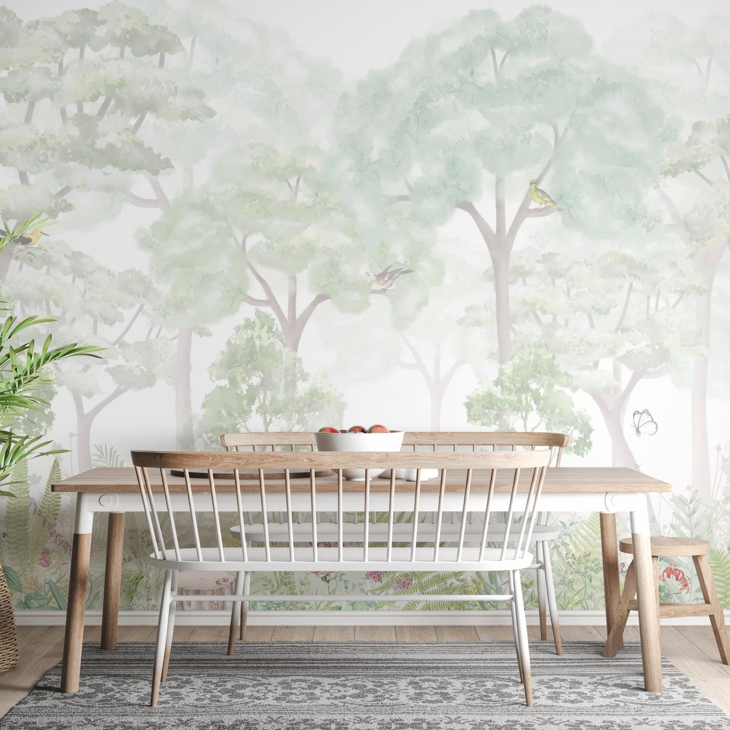 Watercolor style serene wallpaper showing layered tree silhouettes and ferns.