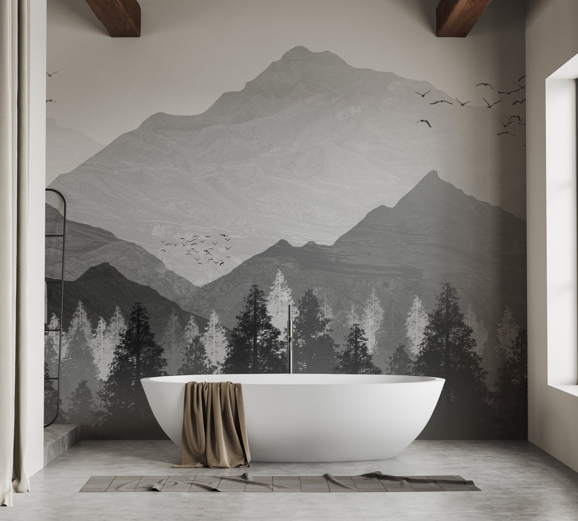 Bathroom interior featuring a freestanding tub and mountain wall mural.