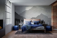 Industrial style bedroom with dark grey Shadowed Mountain Landscape Wall Murals.
