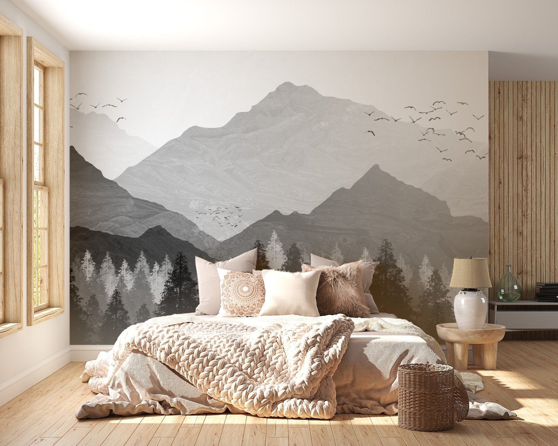 Bedroom featuring Shadowed Mountain Landscape Wall Murals with neutral bedding.