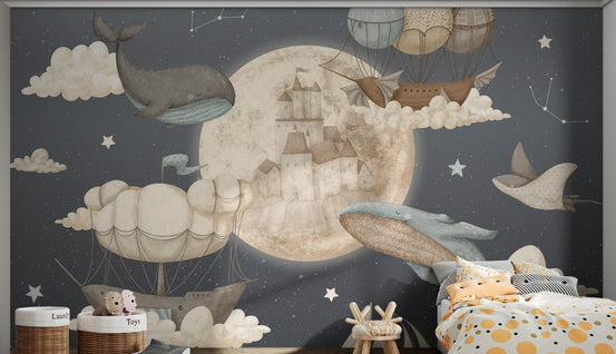 Fantasy ships and marine creatures wall mural for children's bedroom.