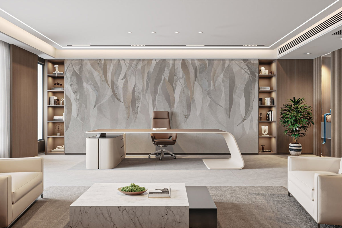 Silver leaf wallpaper mural with layered gray botanical pattern.