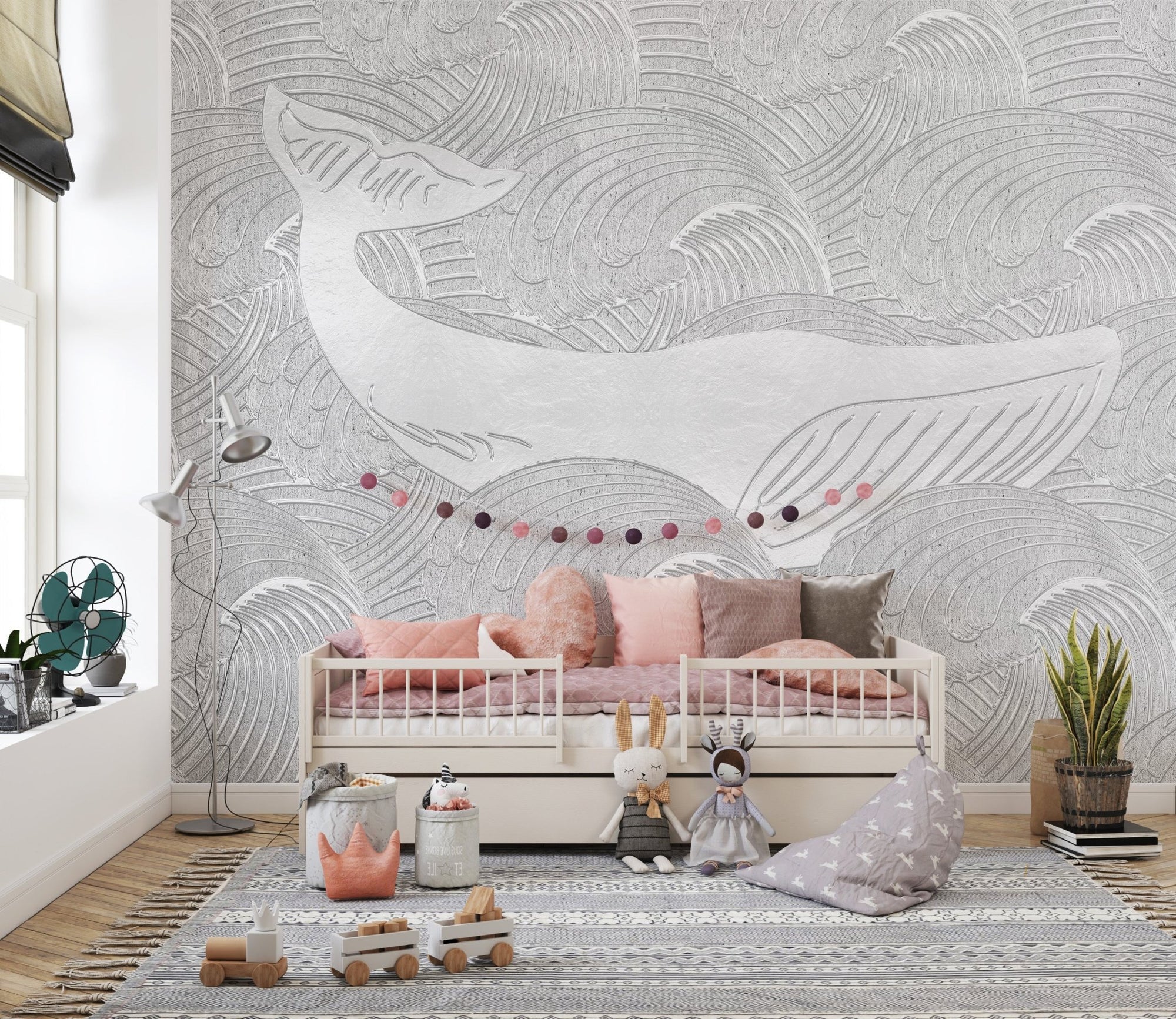 Silver Whale Handmade Wall Mural in a kids bedroom with a daybed.