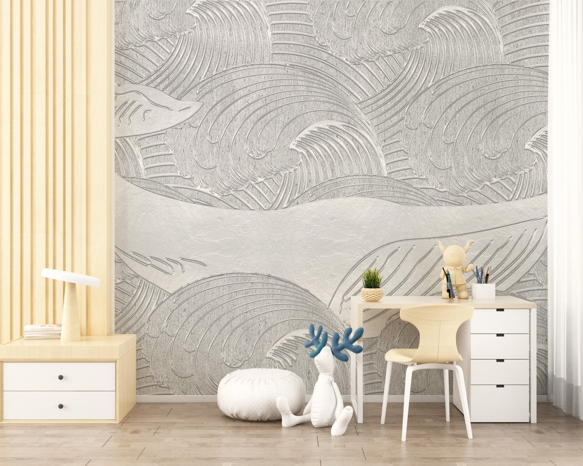 Hand-drawn whale wall mural behind a wooden study desk and chair.
