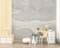 Hand-drawn whale wall mural behind a wooden study desk and chair.
