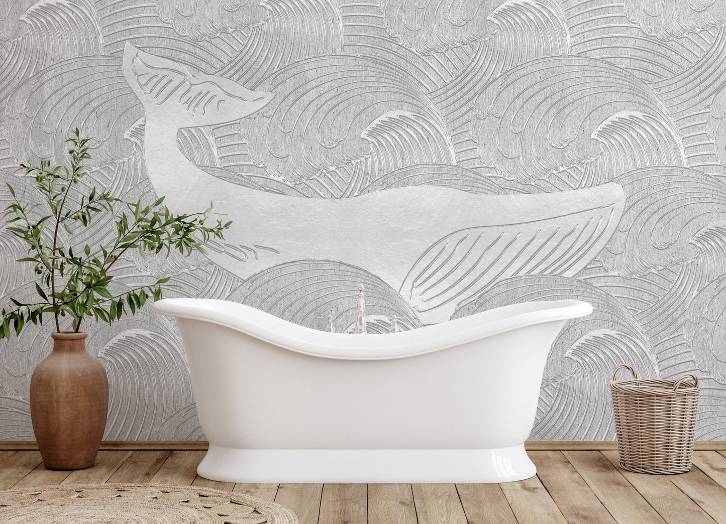Textured whale wall mural in a bathroom with a plant and wooden floor.