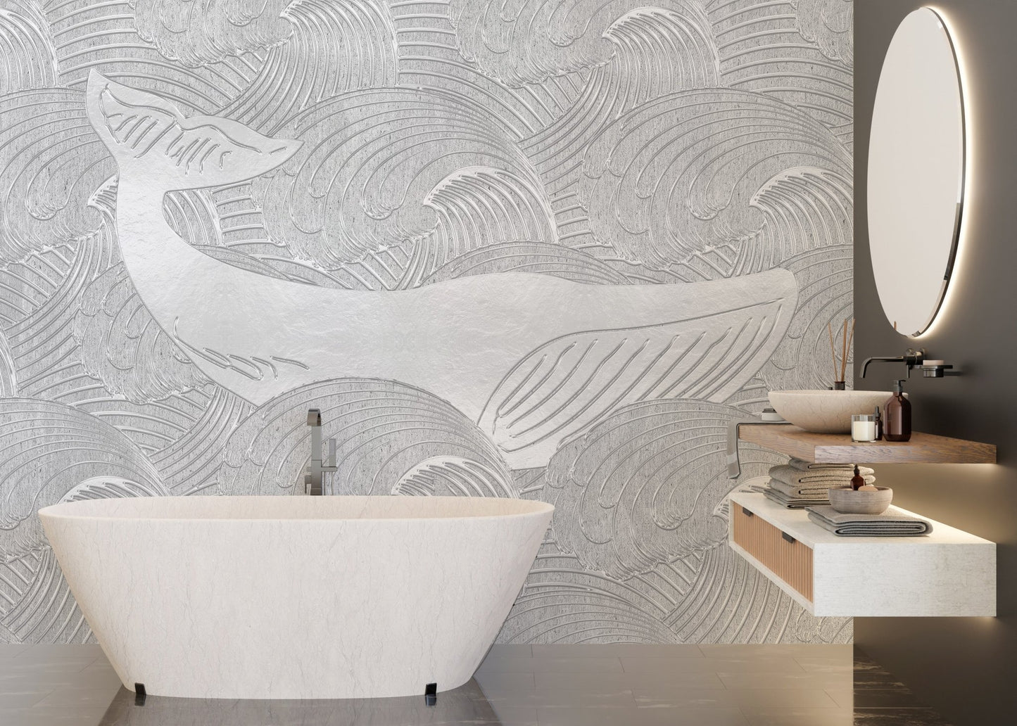 Large whale wall mural in a bathroom with a white freestanding tub.
