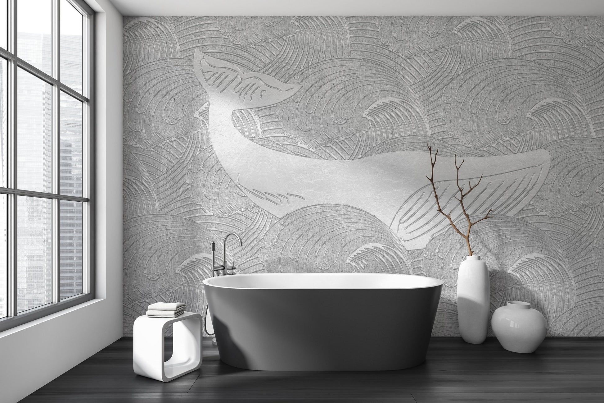 Monochrome whale wall mural in a modern bathroom with a black bathtub.