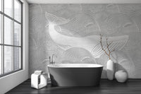 Monochrome whale wall mural in a modern bathroom with a black bathtub.