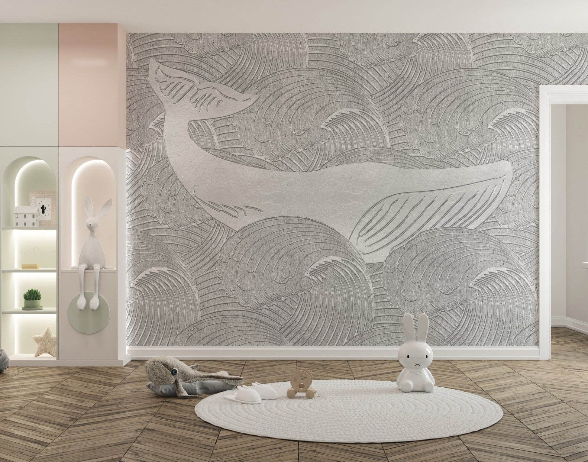 Grey whale wall mural in a playroom with a white circular rug.