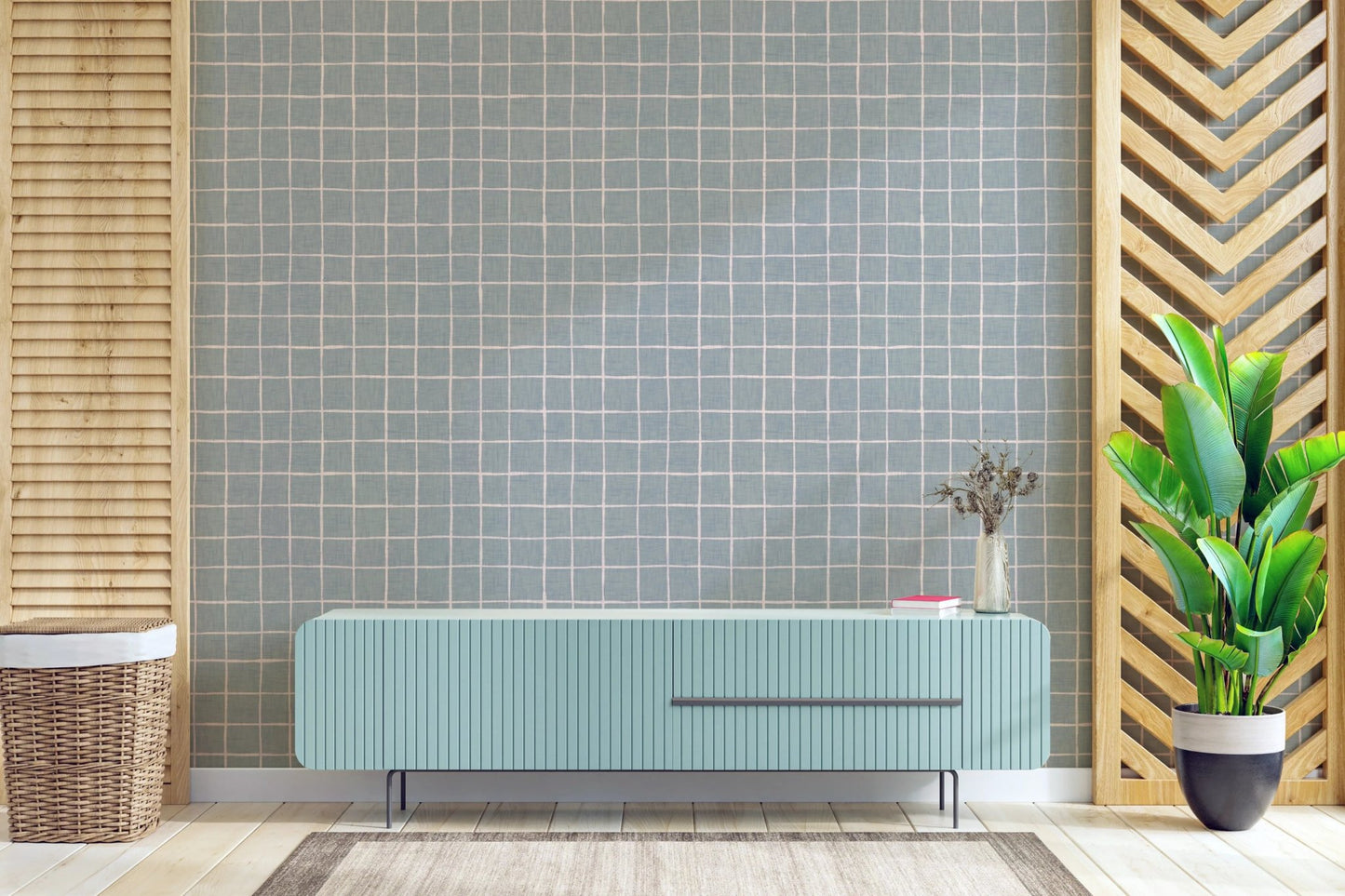 Serene blue crosshatch in modern wallpaper murals