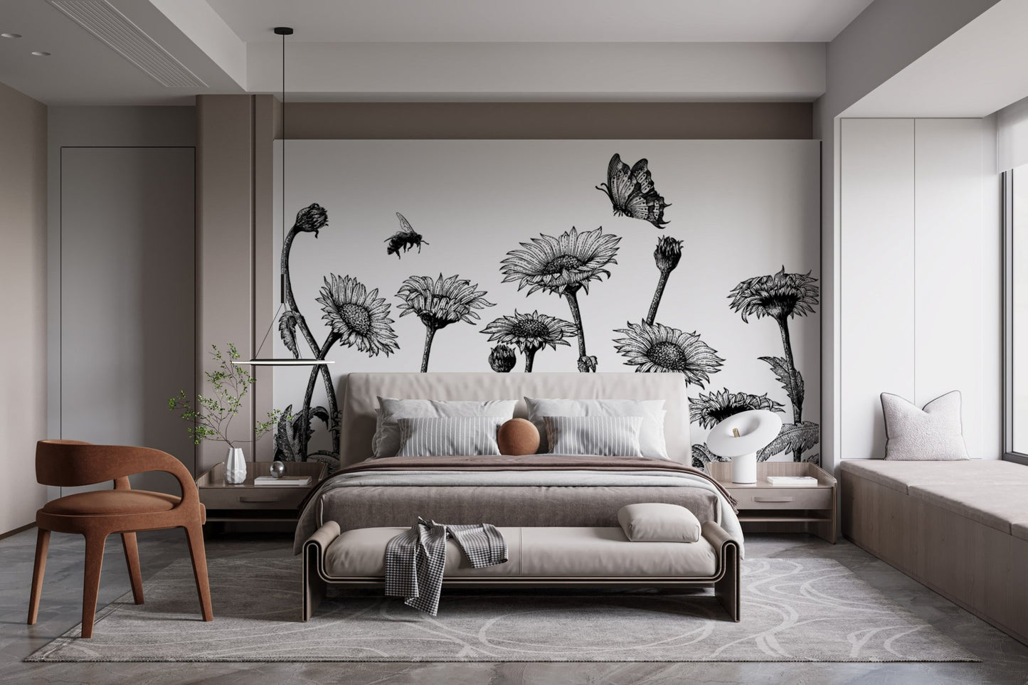 Bedroom wall mural featuring large sunflowers and bumblebee illustrations.