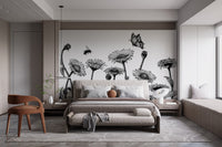 Bedroom wall mural featuring large sunflowers and bumblebee illustrations.