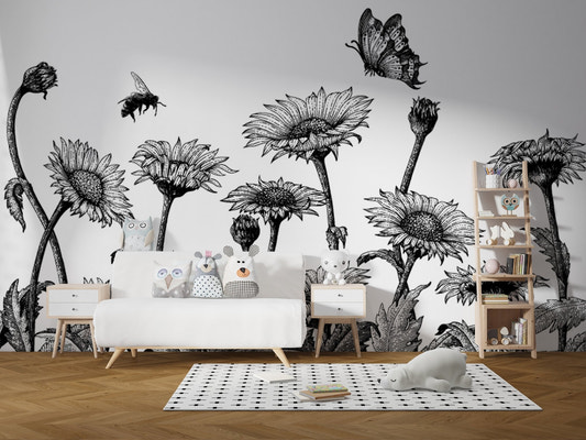 Sketch of Sunflower Field Wall Murals in a kids' playroom with white sofa.