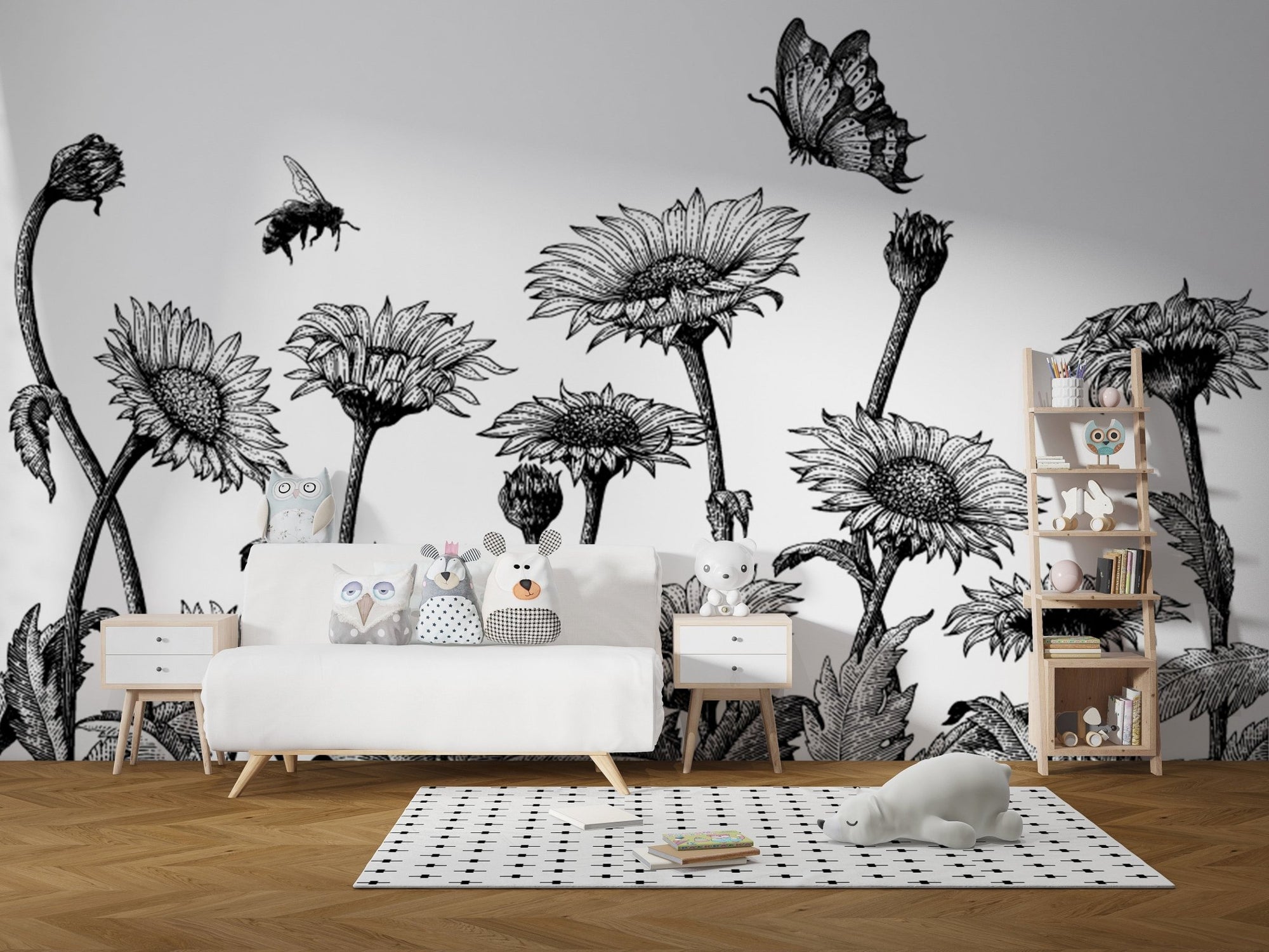 Sketch of Sunflower Field Wall Murals in a kids' playroom with white sofa.